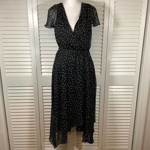 DKNY Black and white polka dot faux wrap dress, size 10